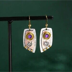 Abstract tricolor earrings purple stone swirl design Plated jewelry